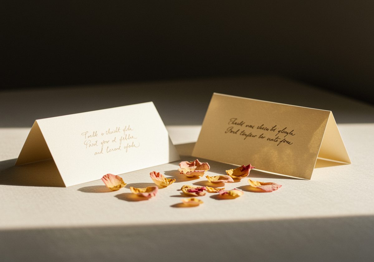 Folded handwritten notes beside scattered rose petals in warm light