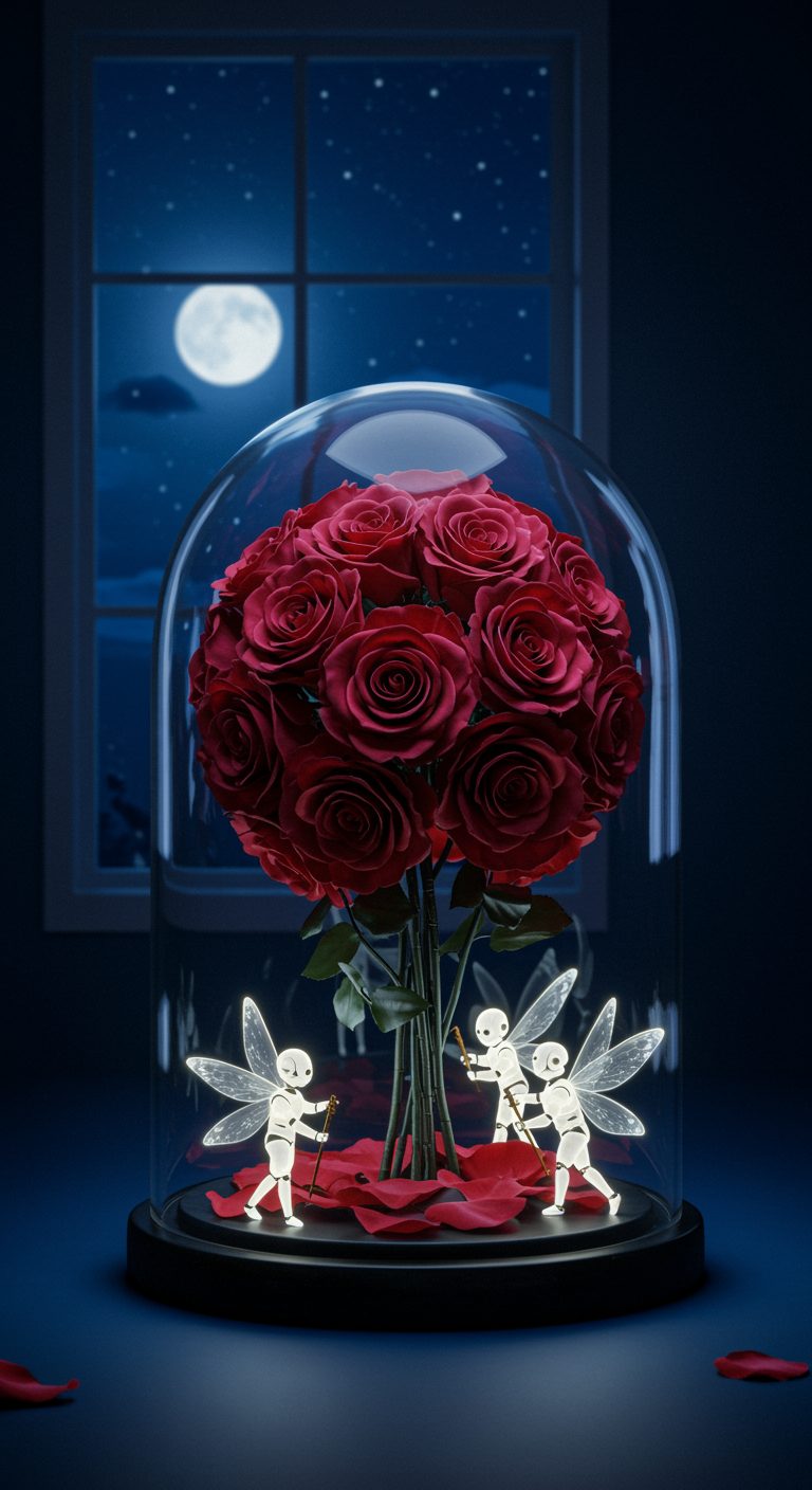 Glowing caretaker fairies tending a preserved bouquet of red roses under a glass dome at night